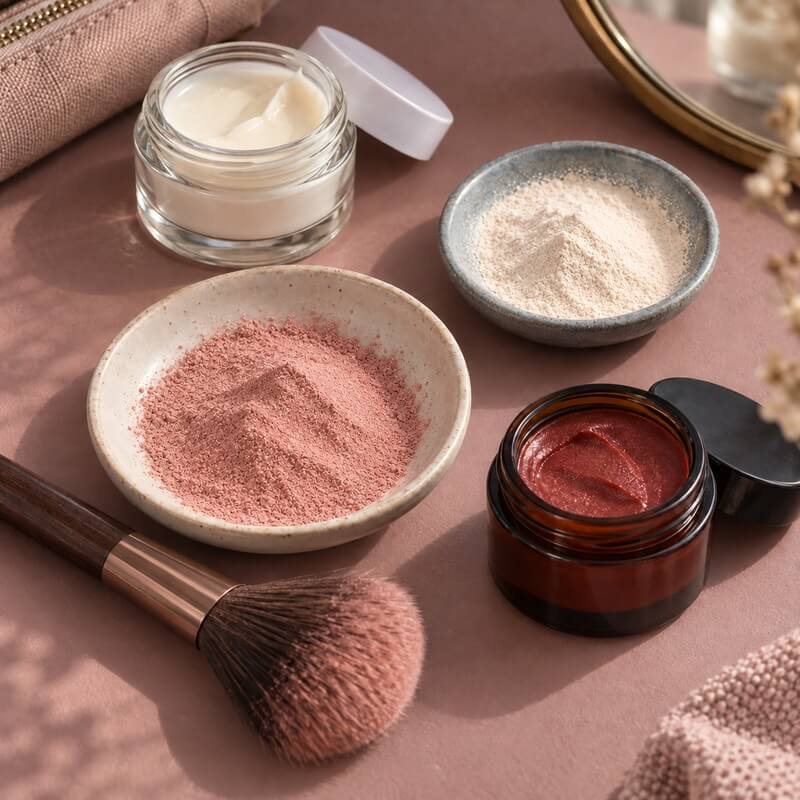 Ansiktskräm, rosa mineralrouge, ansiktspuder och vinrött läppbalsam