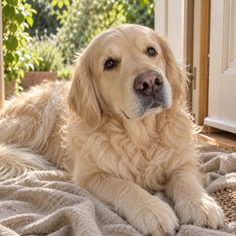 Golden retriever som vilar på en filt vid en öppen dörr