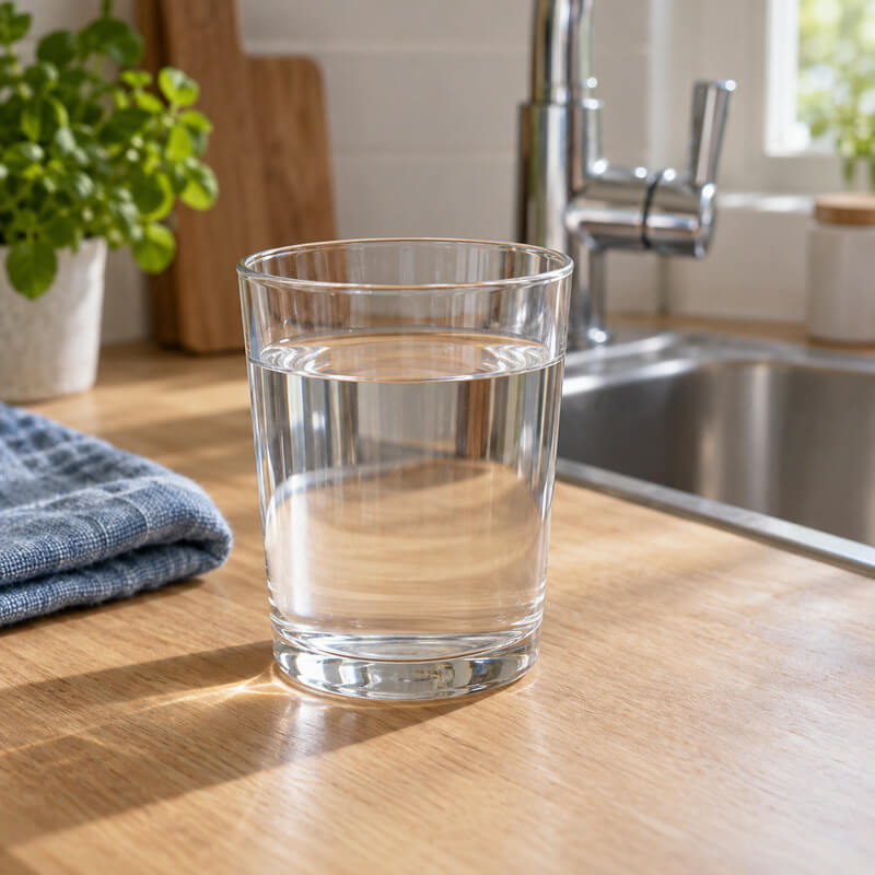 Ett glas klart kranvatten vid en kökskran