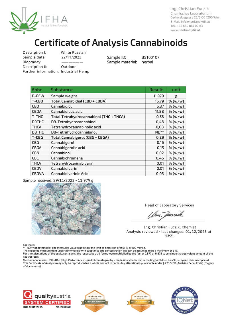 Greenbalance White Russian (17-19%) CBD Buds - Utomhusodlad - Analyscertifikat (COA)