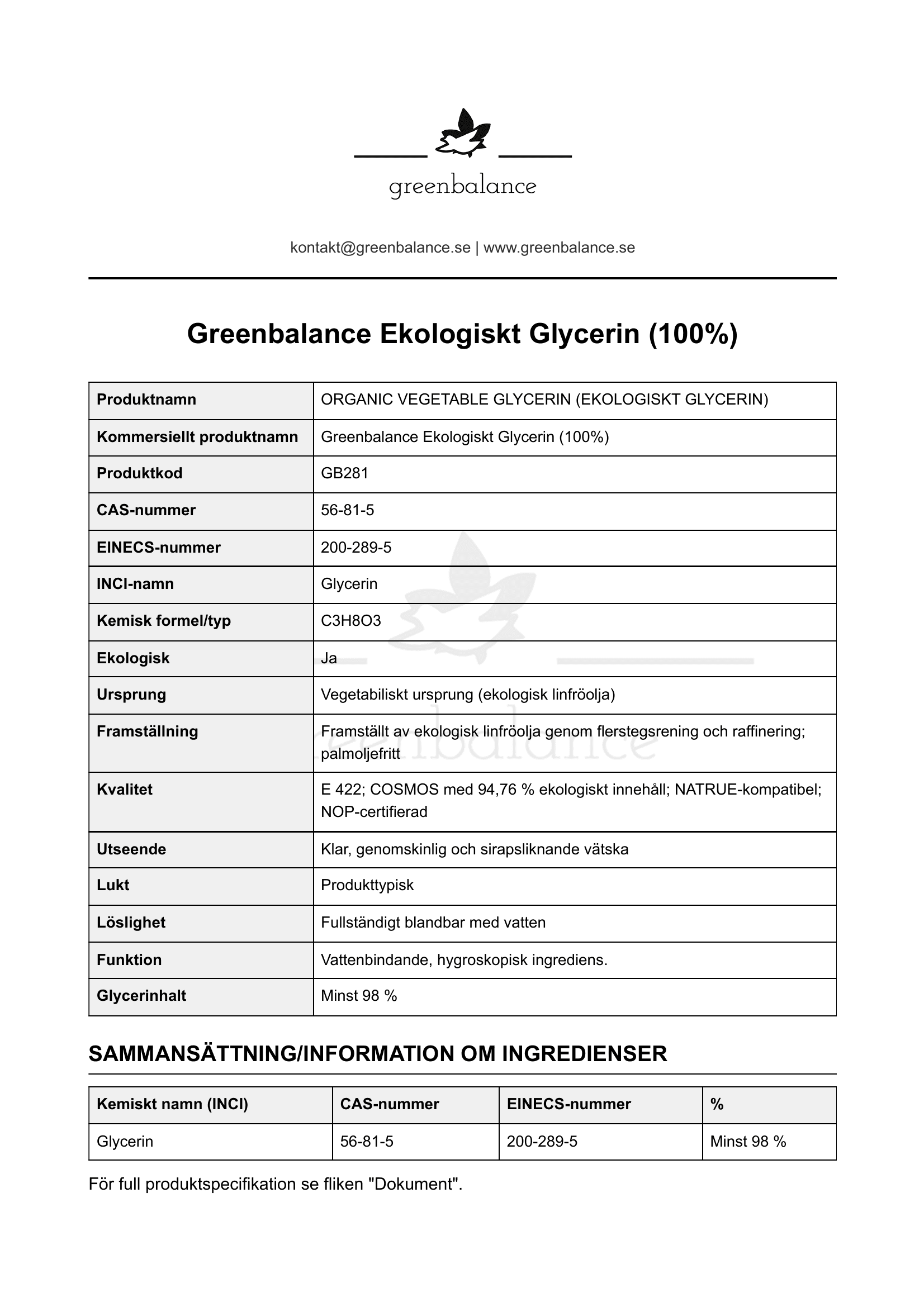 Overblick Ekologiskt Glycerin 100 Överblick - Ekologiskt Glycerin (100%)