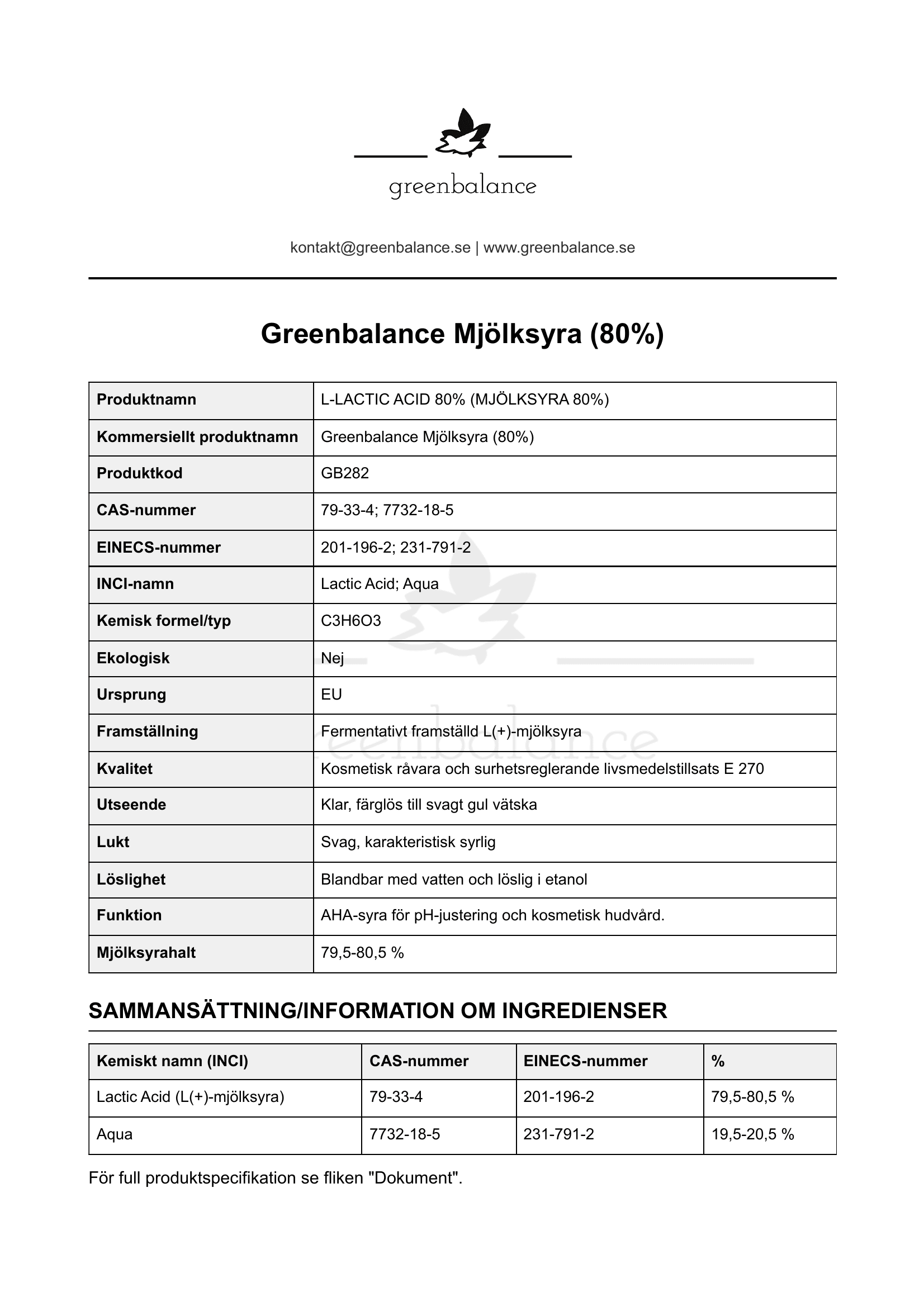 Overblick Mjolksyra 80 Överblick - Mjölksyra (80%)