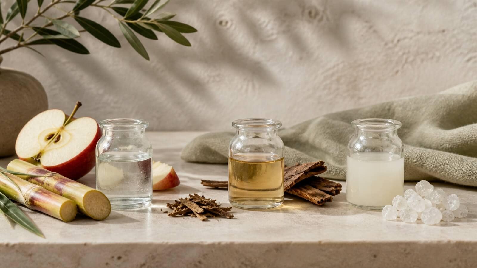 aha-bha-pha-ravaror-exfoliering Frukt, pilbark och milda syralösningar som illustrerar AHA, BHA och PHA