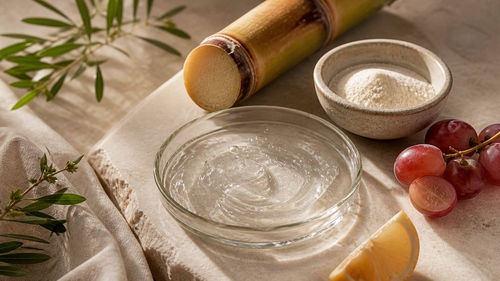 aha-syra-hudvard Sockerrör, vindruvor, citrus och vattenlöslig ingrediensform för AHA-syra
