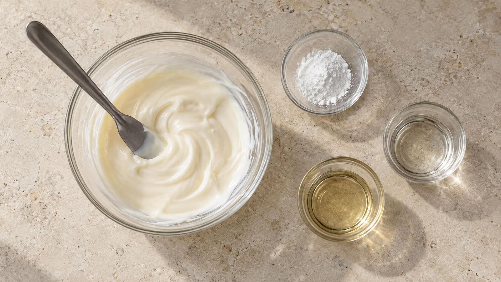 Aktiva ingredienser till hemmagjord hudkräm Hudkräm med spatel och separata glasskålar med vitt pulver, klar vätska och olja