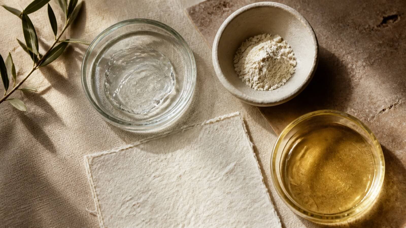 Tre olika aktiva ingrediensformer i gel, pulver och olja för olika hudbehov