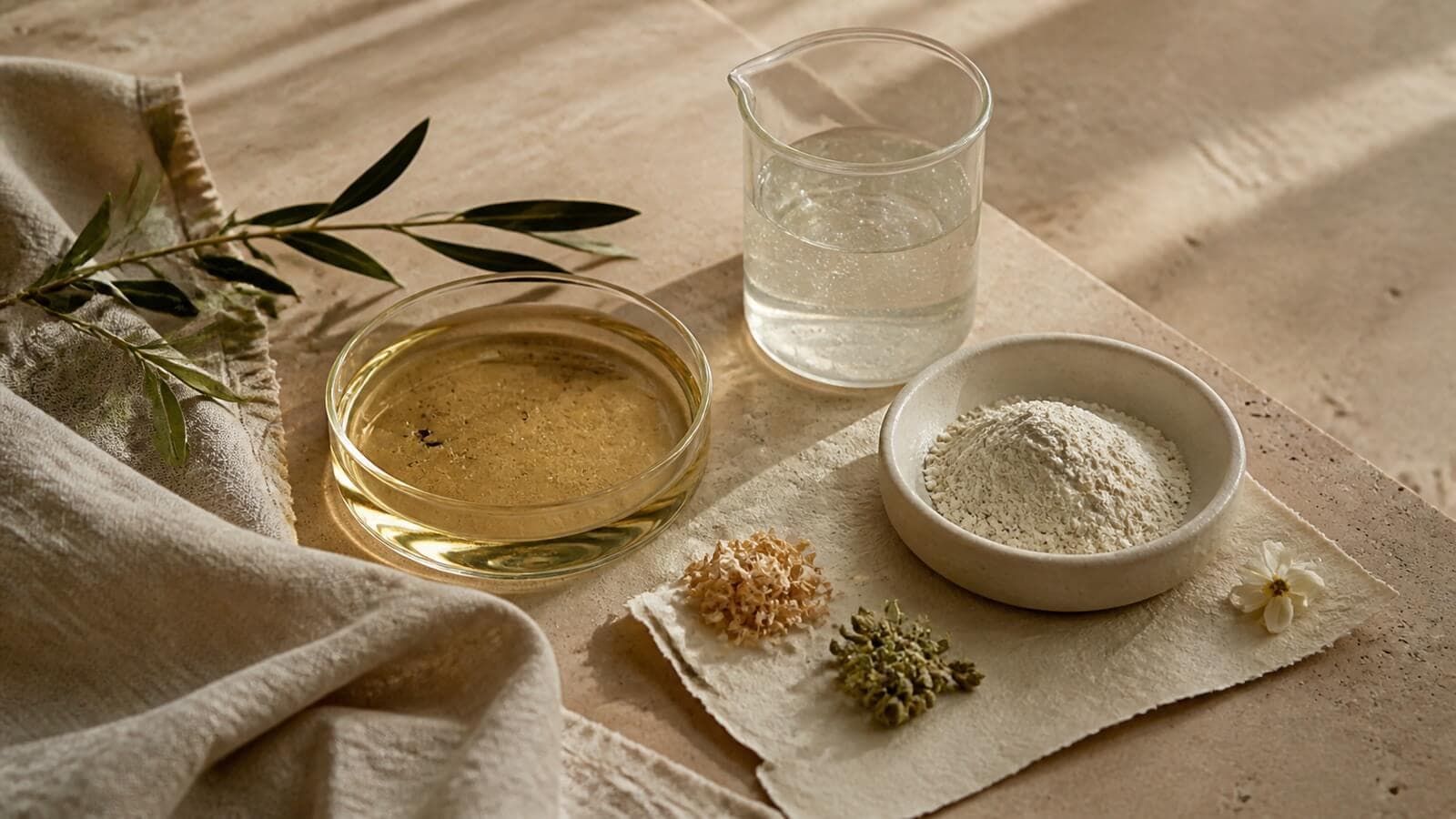Pulver, vattenfas och oljefas som exempel på aktiva ingredienser i hudvård