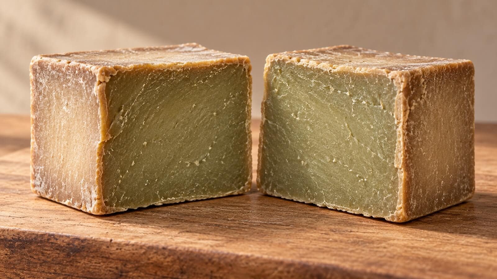Två delade aleppotvålar med olivgrön snittyta och brunaktig utsida på en träskiva.