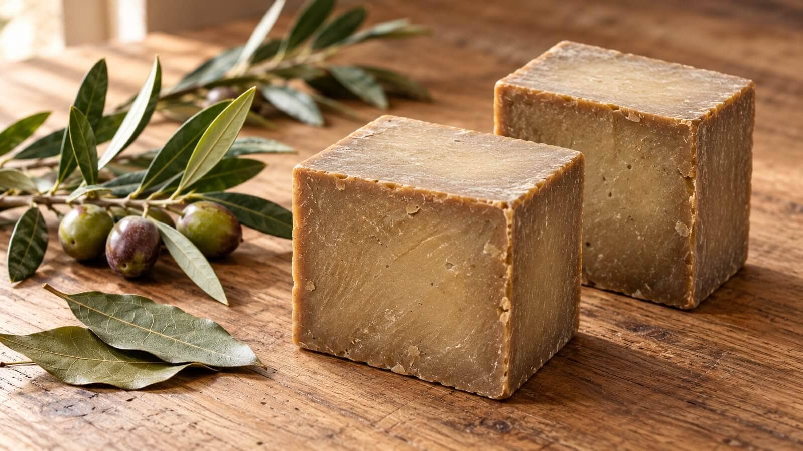 Handskurna bruna aleppotvålar på ett träbord med en kvist oliv och lagerblad.