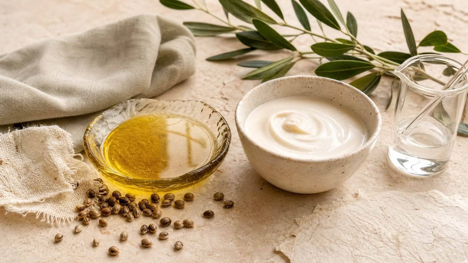 Gyllene fröolja, ljus emulsion och vattenfas i glasskål, keramikskål och bägare på varm sten