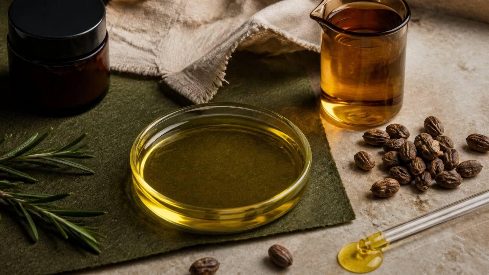 antioxidanter-hudvard-oxidation Vegetabilisk olja med rosmarin och antioxidantrik oljefas i mörkt glas