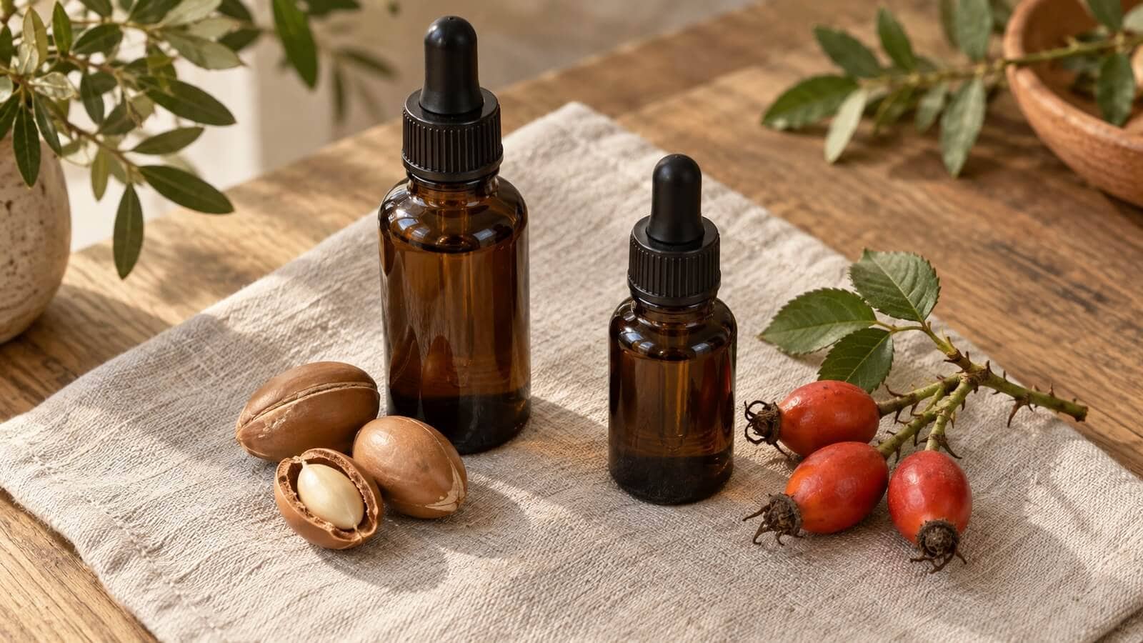 argan nypon mogen hud Två bruna oljeflaskor med argannötter och nypon på linne och trä