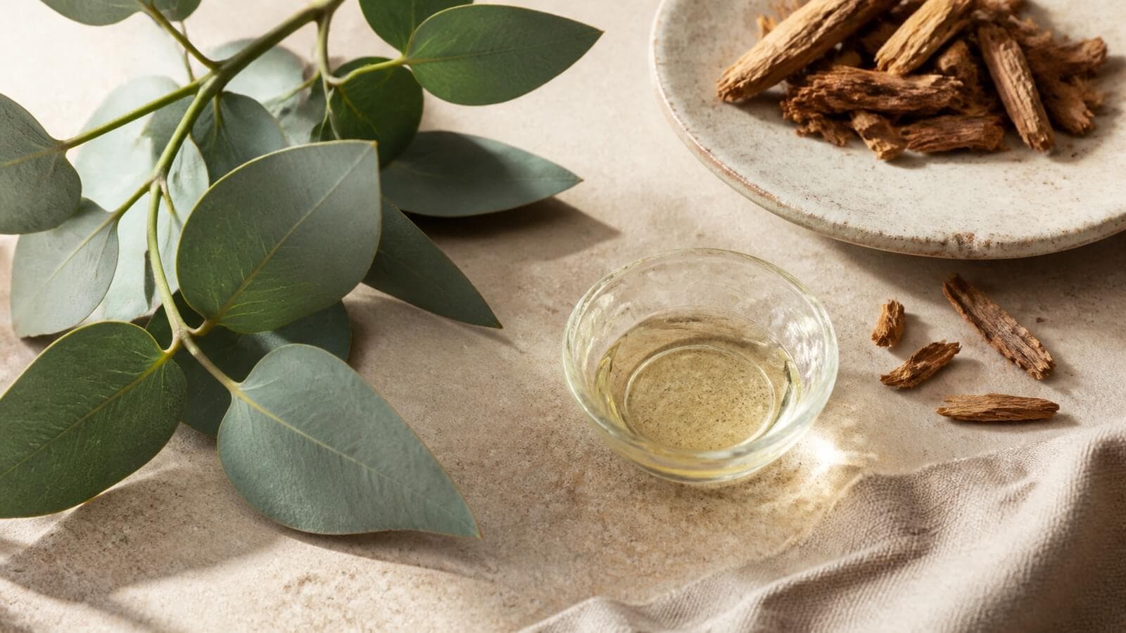 Eukalyptusblad och cederträspån bredvid eterisk olja som källor till aromadendren