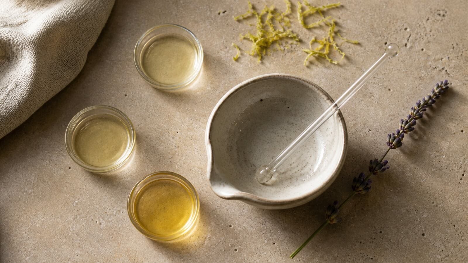 Små mängder eteriska oljor kombineras i en aromaterapiblandning