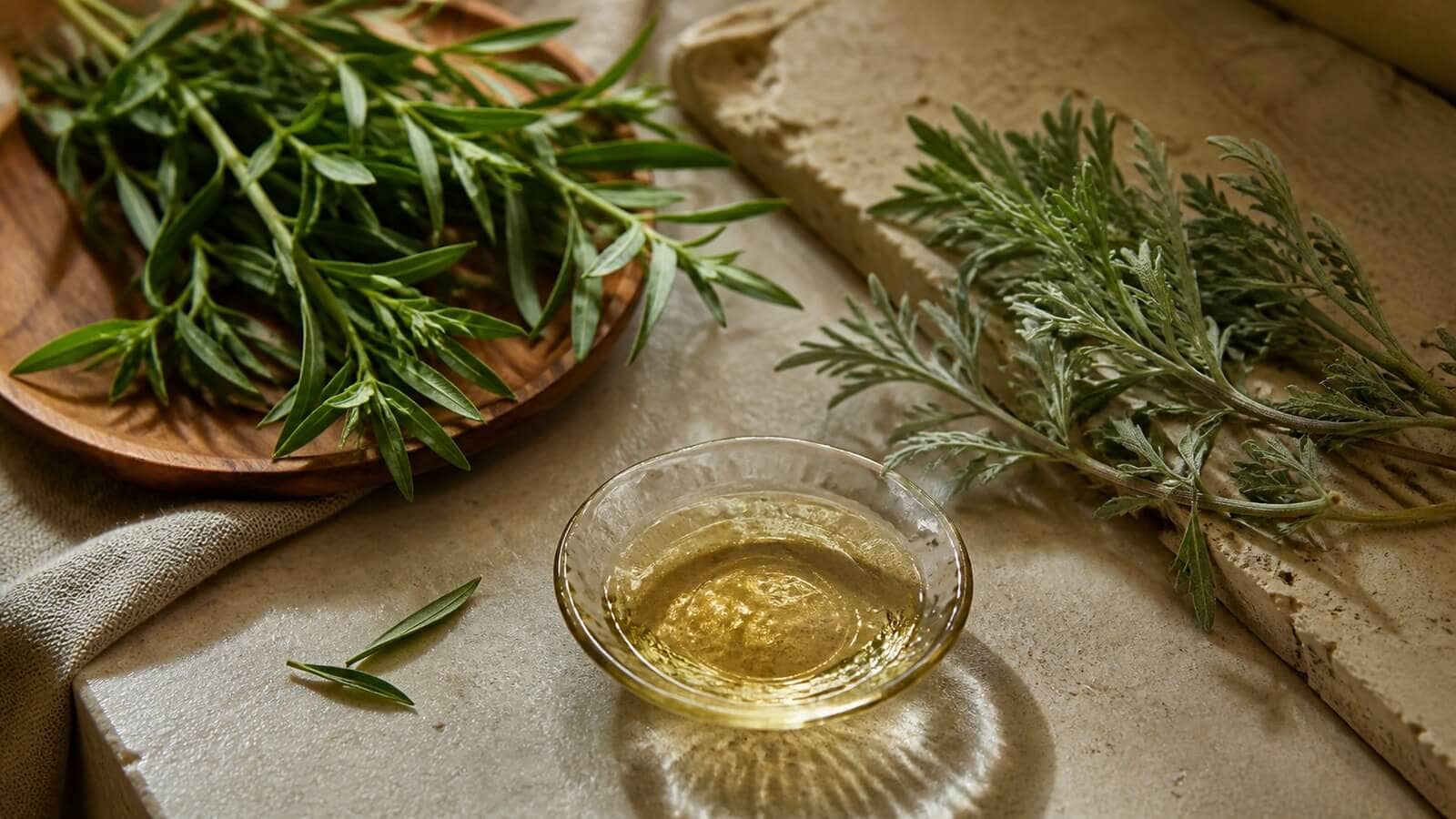 Dragon och malört bredvid eterisk olja som källor till artemisia keton