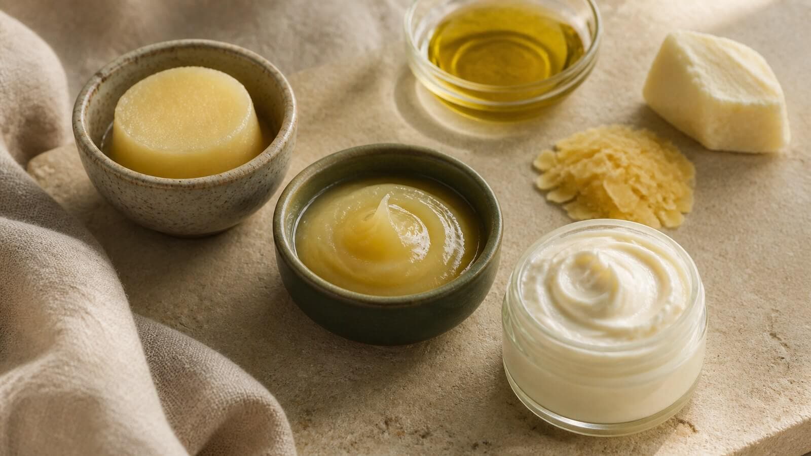 Balm, salva och kräm med olika konsistenser i handgjorda skålar
