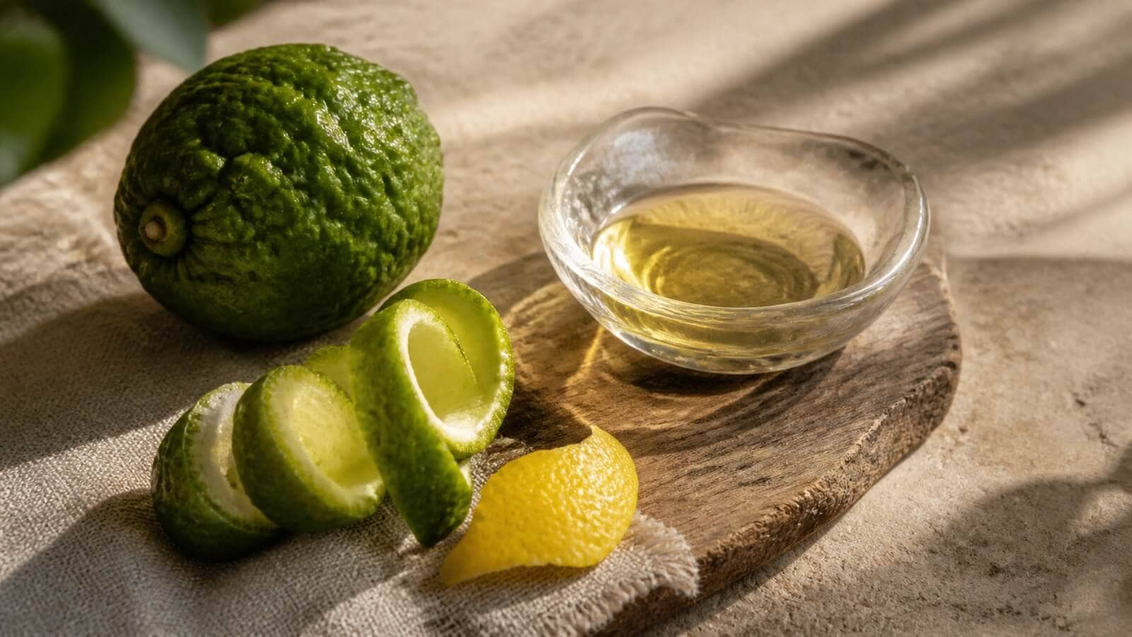 Bergamott och citronskal bredvid eterisk olja som källor till bergamoten