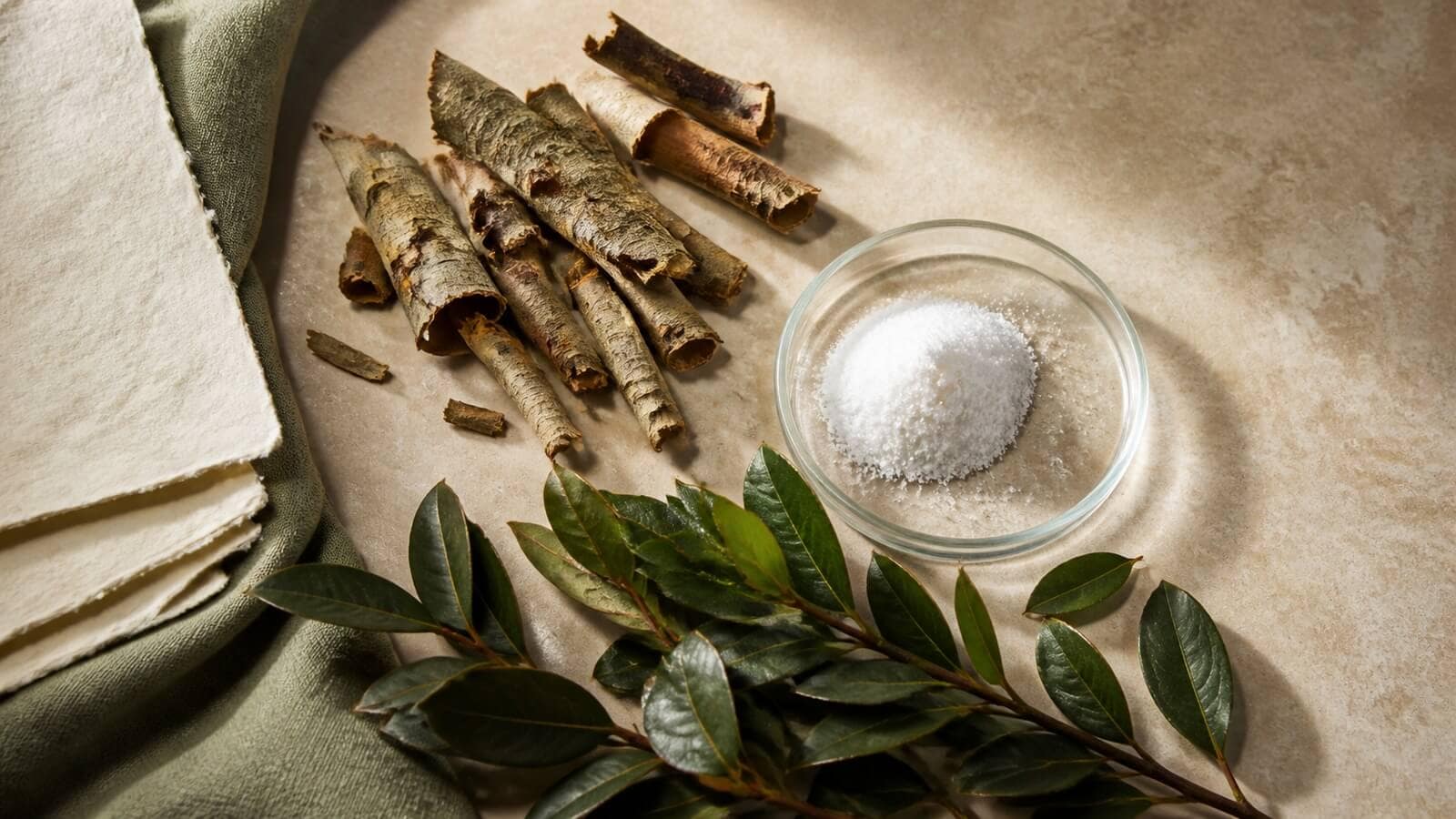 bha-syra-vaxtravaror Pilbark och vintergröna blad bredvid vit ingrediensform för BHA-syra