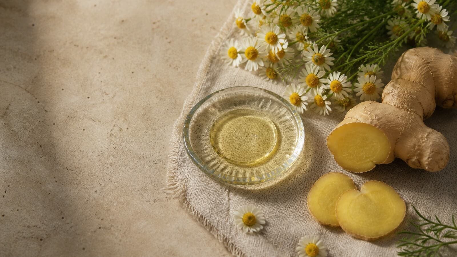 bisabolene-kamomillolja-ingefarsolja Kamomillblommor och färsk ingefära bredvid eterisk olja som källor till bisabolen