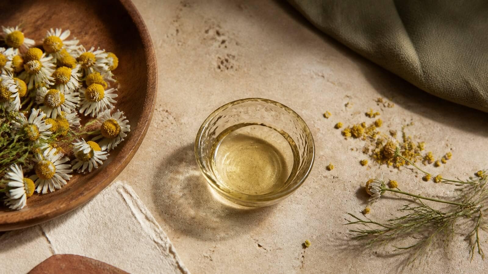 bisabolol-kamomillolja Kamomillblommor bredvid eterisk olja som botanisk källa till bisabolol