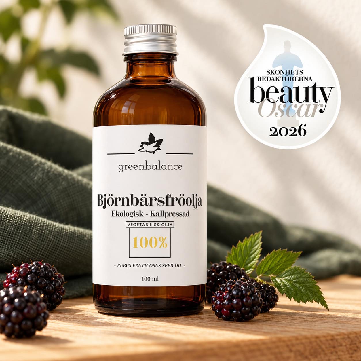 bjornbarsfroolja beauty oscar startsida Greenbalances Björnbärsfröolja med björnbär och Beauty Oscar 2026-loggan