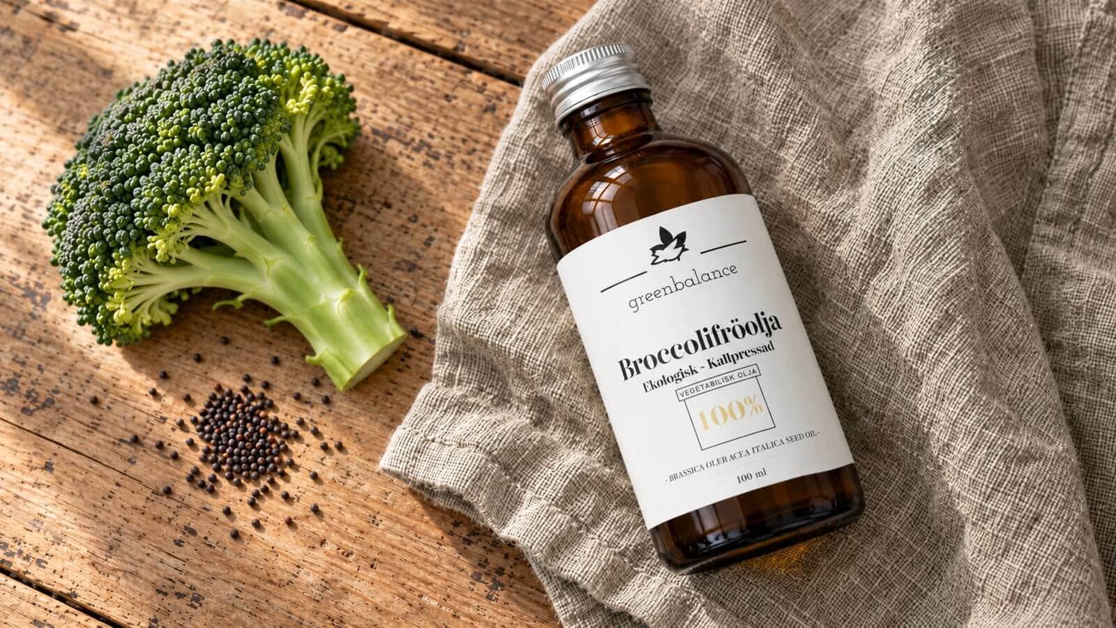 broccolifroolja produkt ravaror Flaska med broccolifröolja liggande på linne och trä, med broccolibukett och frön.