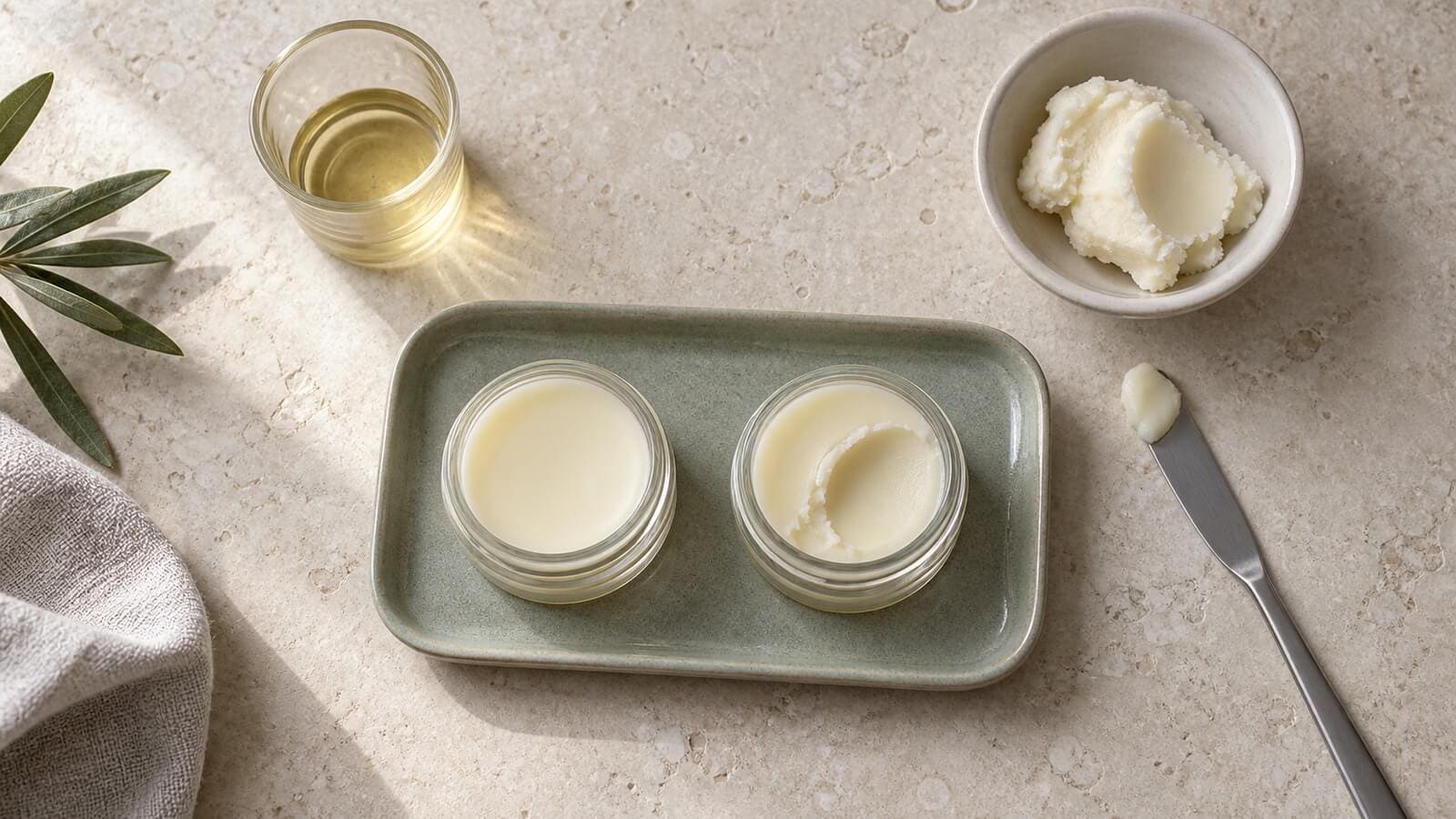 Provsatser vid byte av ingredienser i egen hudvård Små provburkar med hudvårdsblandningar intill en skål med sheasmör och en spatel