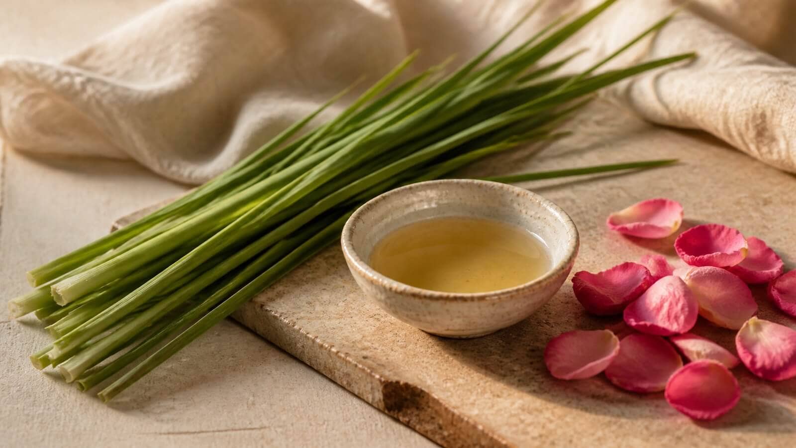 Citronellagräs och rosenblad bredvid eterisk olja som källor till citronellol