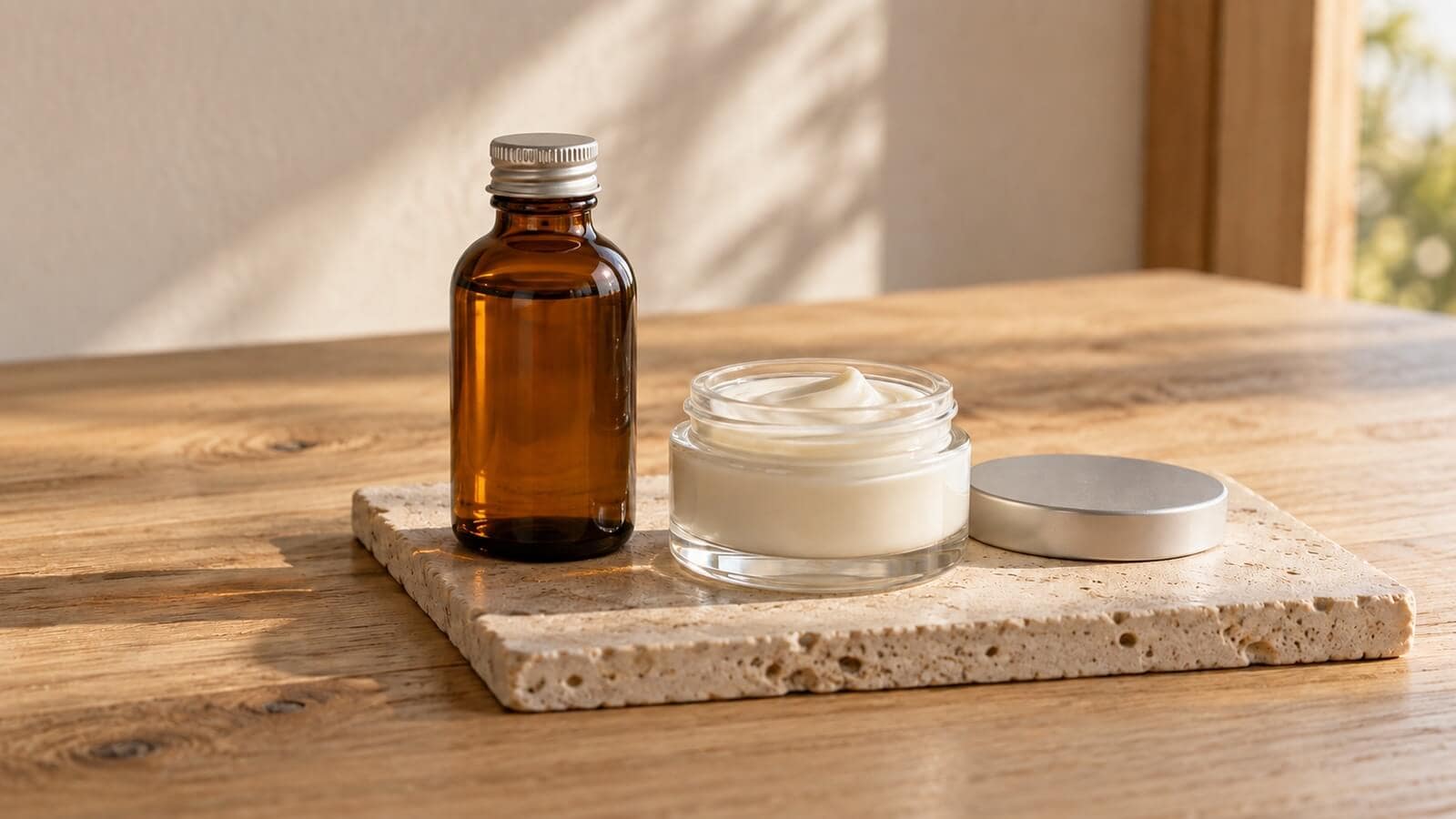 E-vitamin i hudvård Brun glasflaska med silverlock bredvid en öppen burk vit hudkräm på en ljus stenplatta.