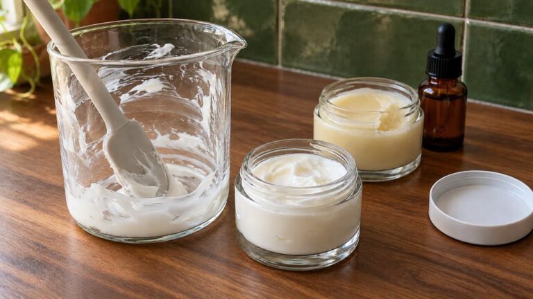 egen-hudvard-tillverkning-olja-balm-kram Blandningsbägare med hudkräm, en burk balm och en brun pipettflaska på en mörk träskiva.