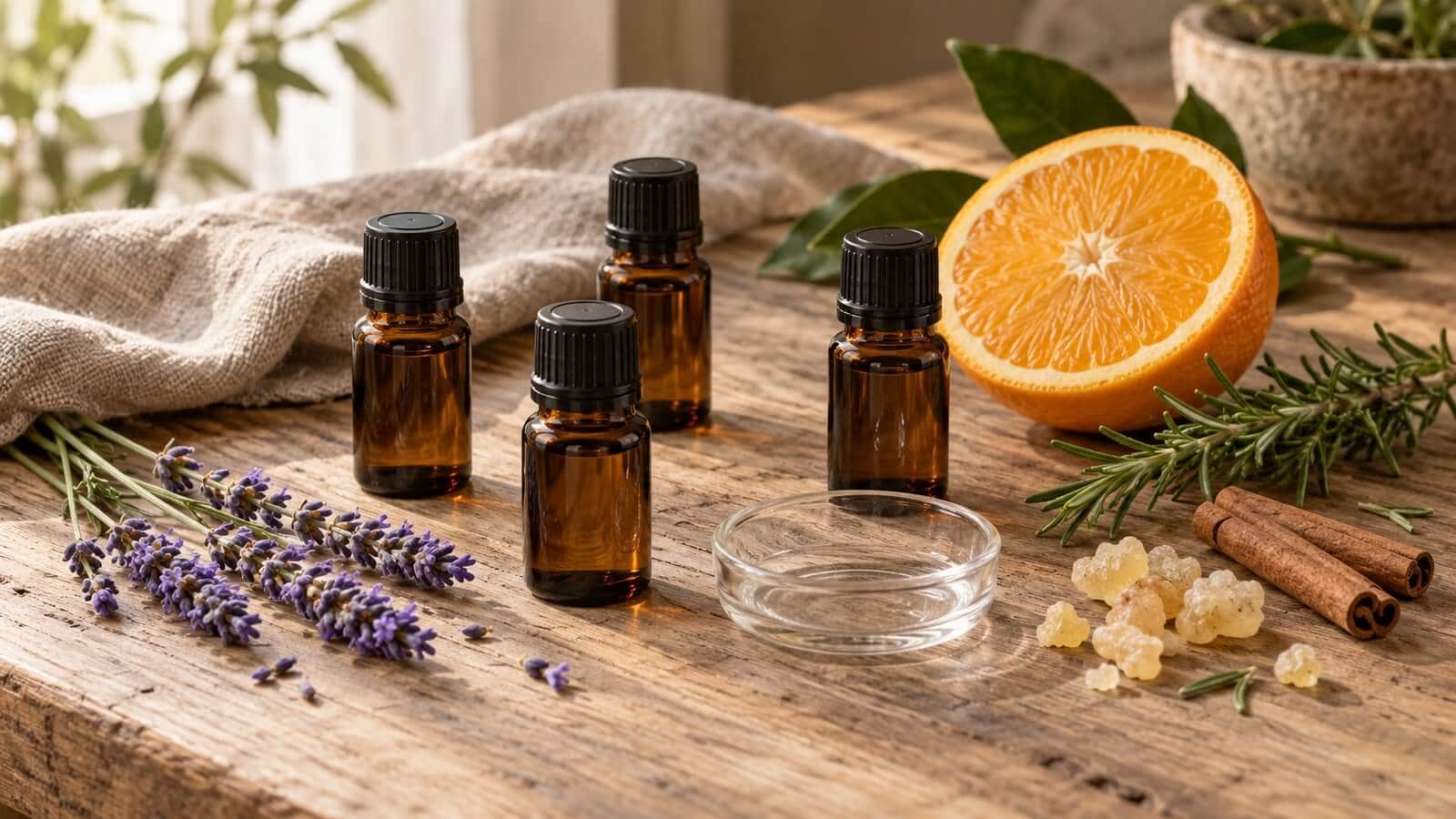 Eteriska oljor A–Ö Små bruna glasflaskor med lavendel, apelsin, rosmarin, kanelbark och harts på en träyta
