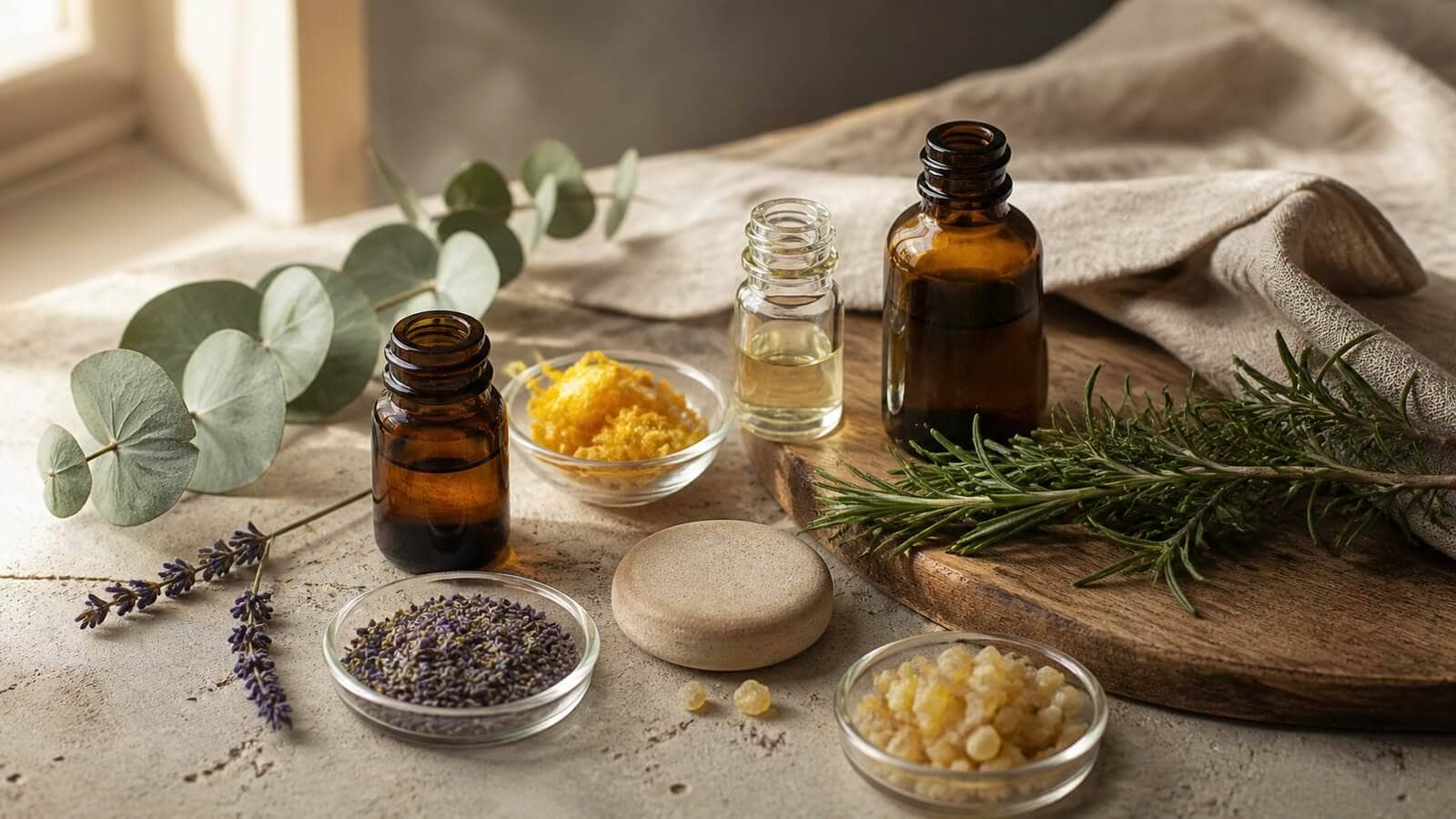 Flera botaniska råvaror och eteriska oljor för aromaterapi