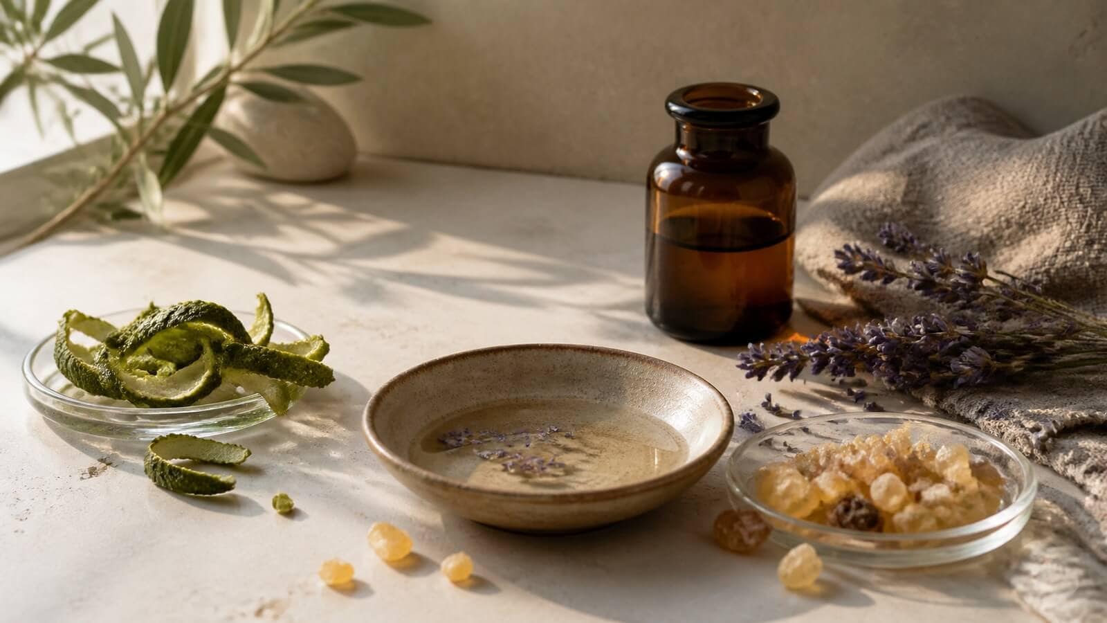 eteriska-oljor-avslappning-aromablandning Bergamott, lavendel och frankincense i en lugn aromablandning