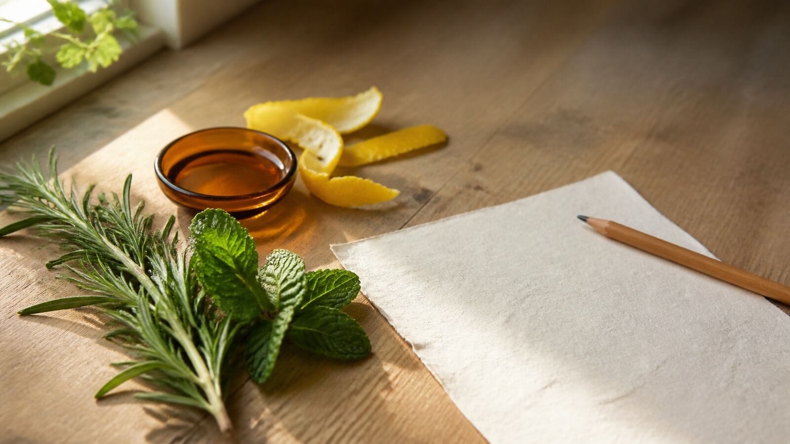 eteriska-oljor-fokus-koncentration Rosmarin, pepparmynta och citron vid en ljus arbetsyta