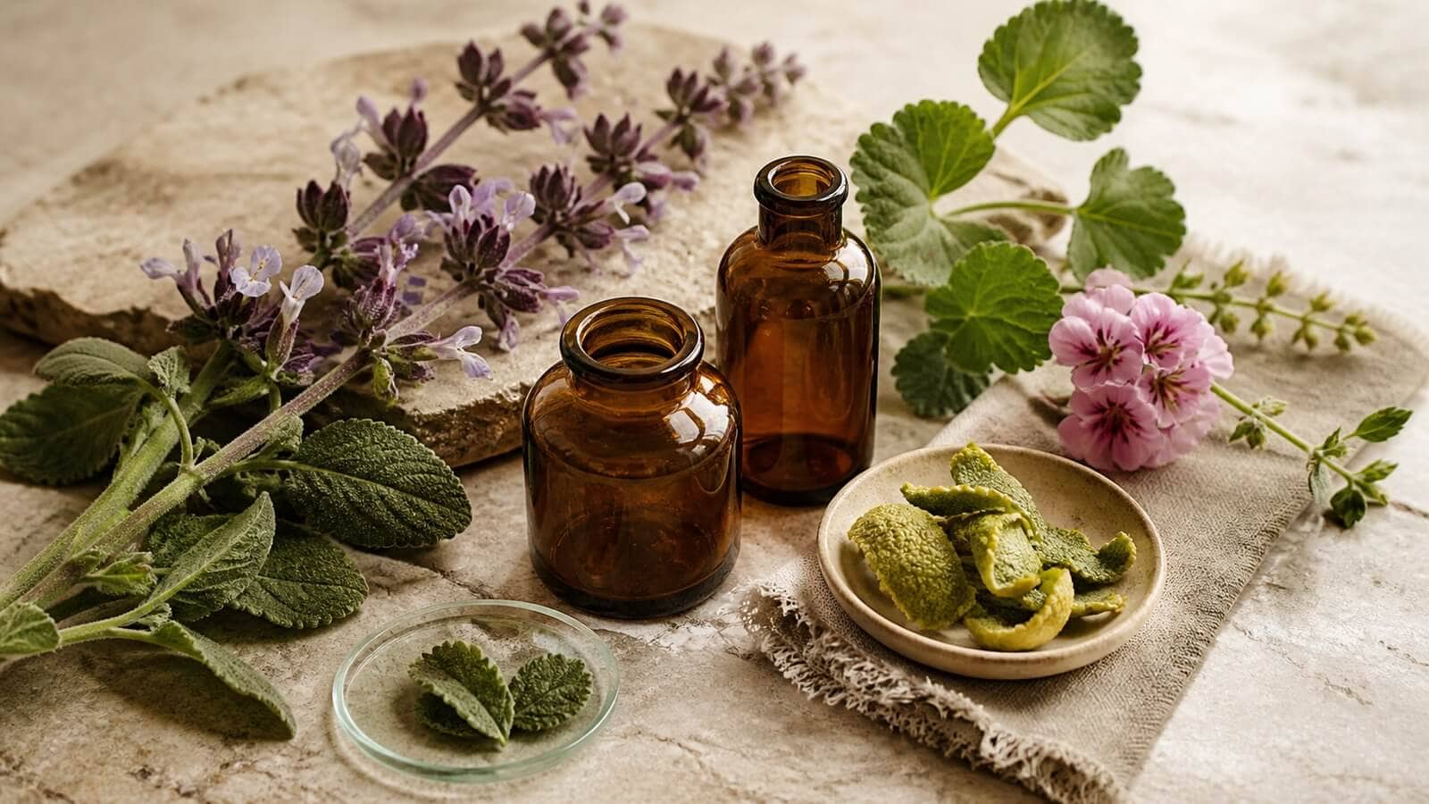 Salvia, geranium och citrus med små skålar av eteriska oljor
