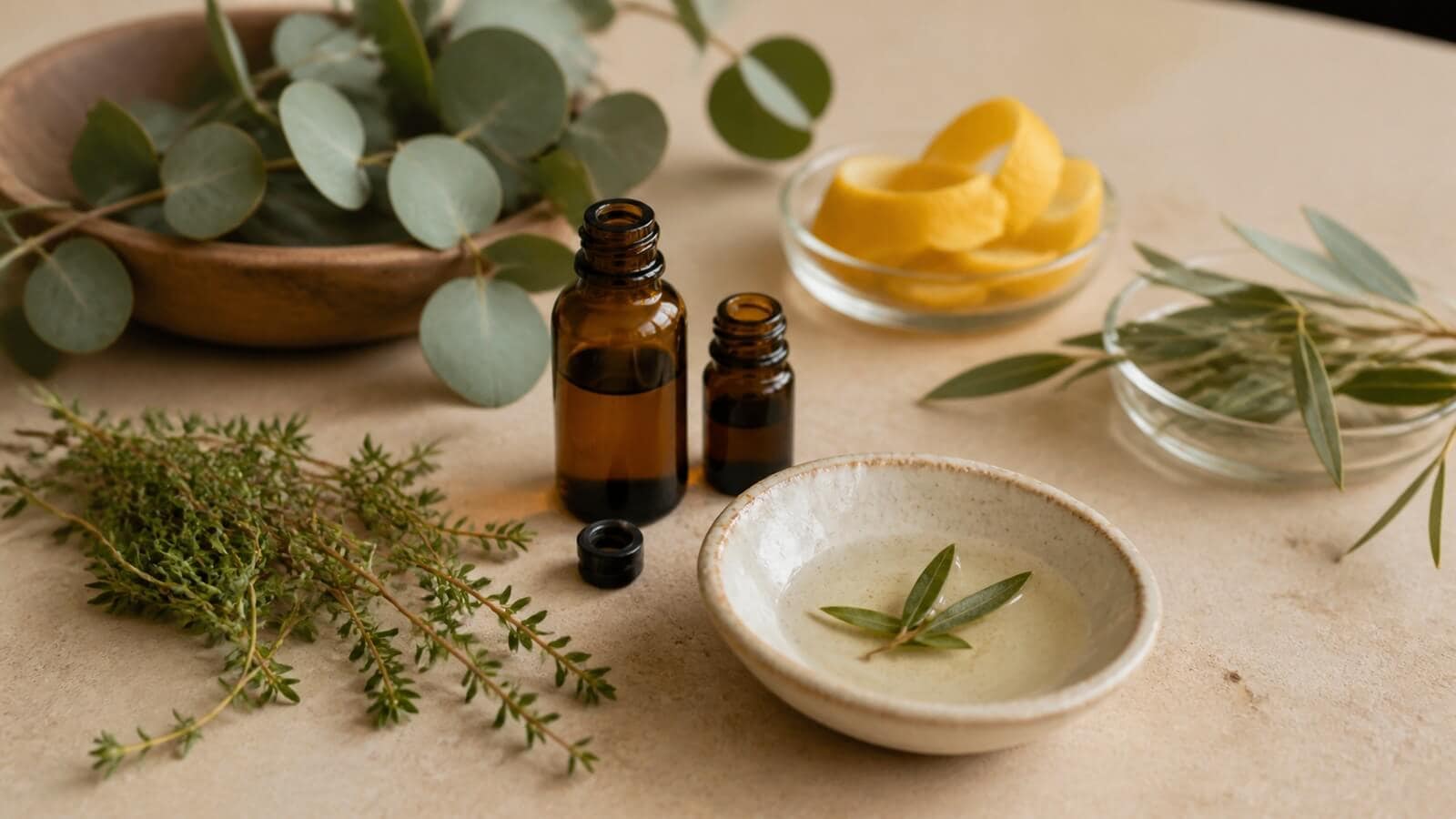 eteriska-oljor-immunforsvar-botaniska-ravaror Timjan, eucalyptus, citron och tea tree med eteriska oljor