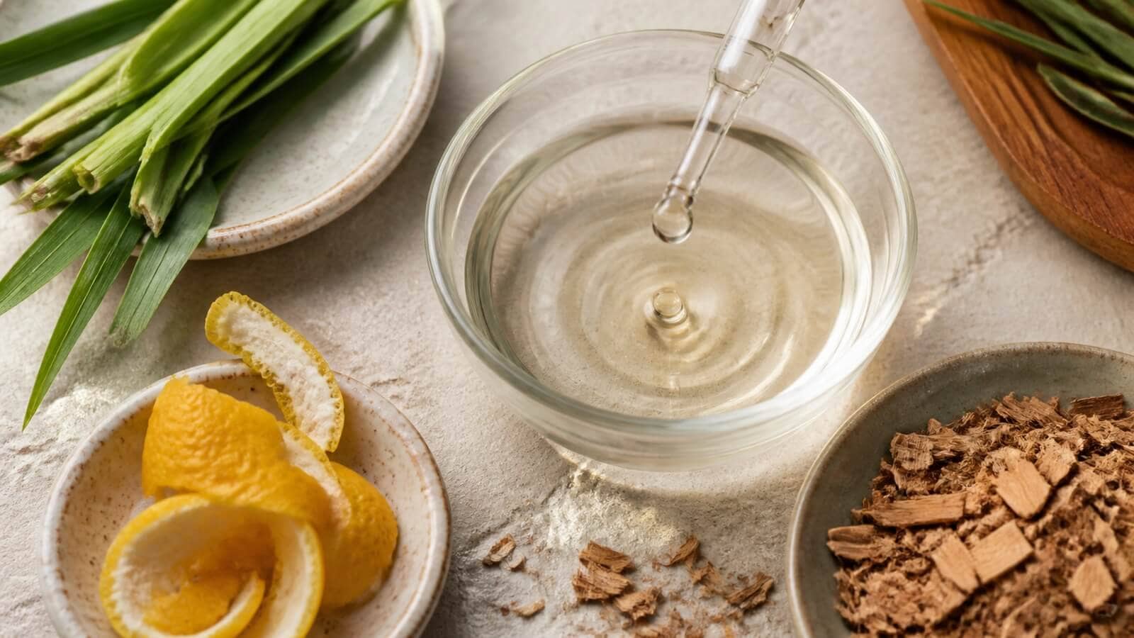 Eterisk olja blandas med basvätska i en liten glasskål