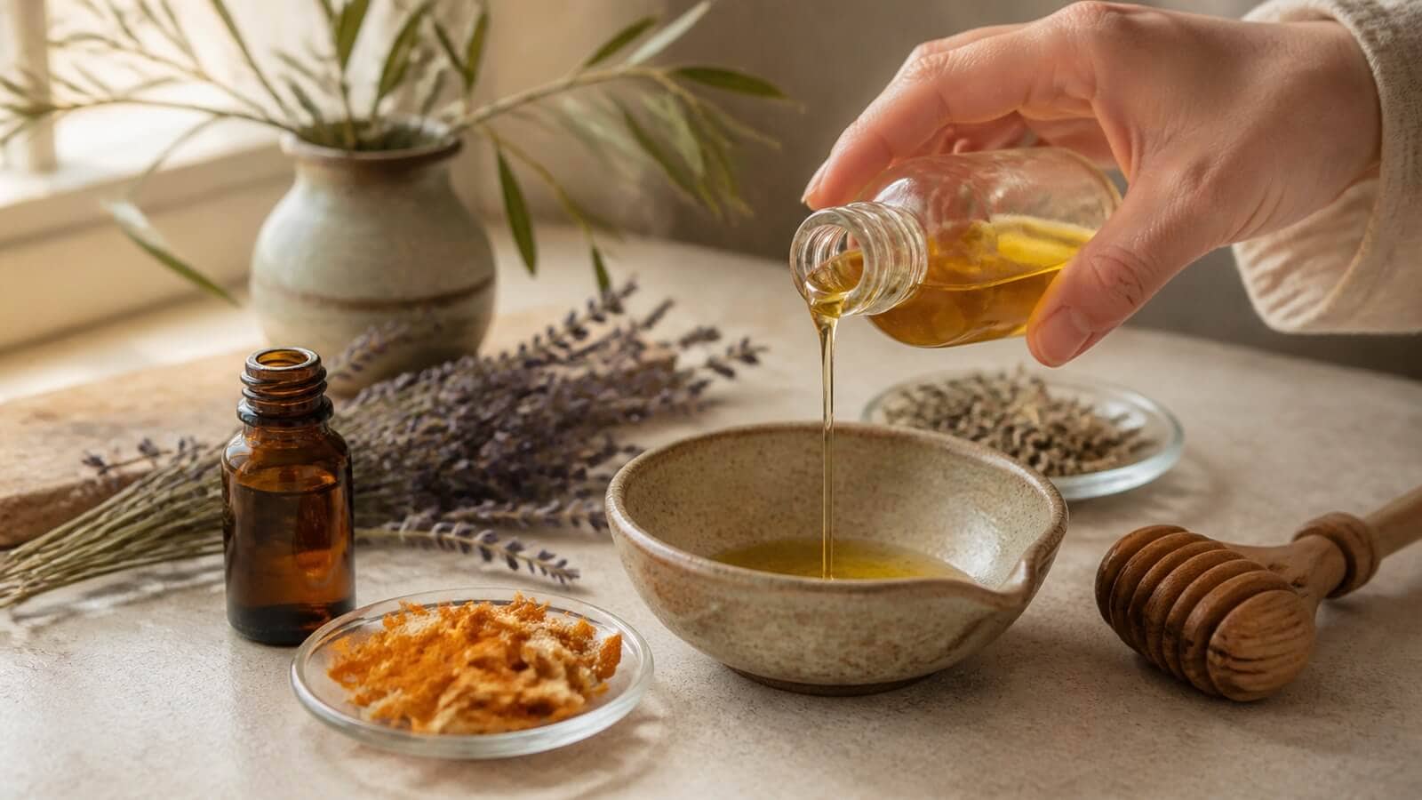 eteriska-oljor-massage-kroppsbehandling Vegetabilisk olja och eteriska oljor blandas för massage