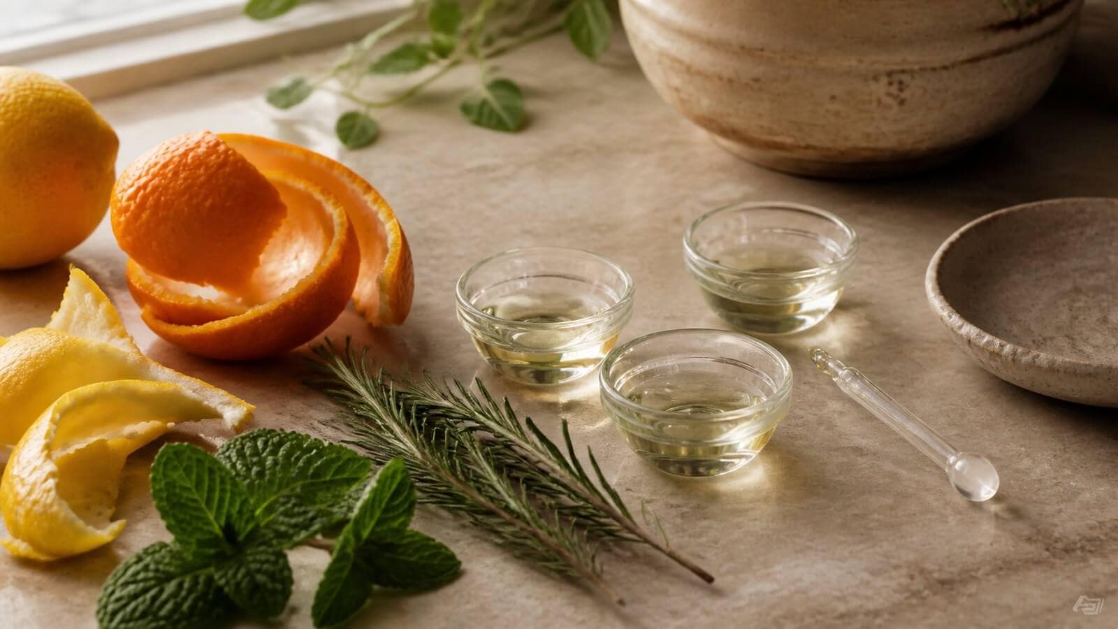 eteriska-oljor-smaksattning-gras Citrusskal, örter och små skålar med eterisk olja för smaksättning
