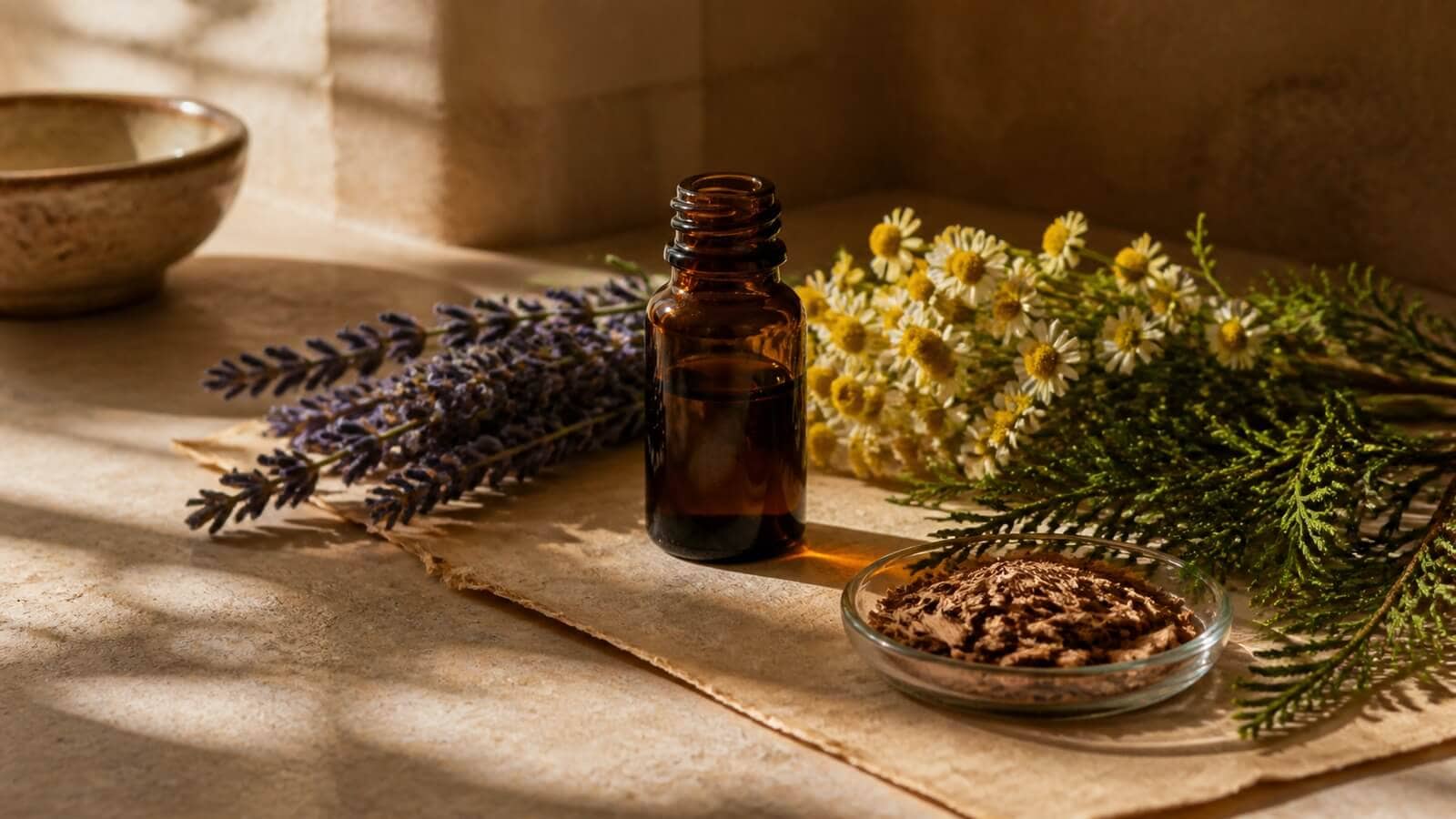 eteriska-oljor-somn-kvallsrutin Lavendel, kamomill och cederträ i en stillsam kvällsrutin