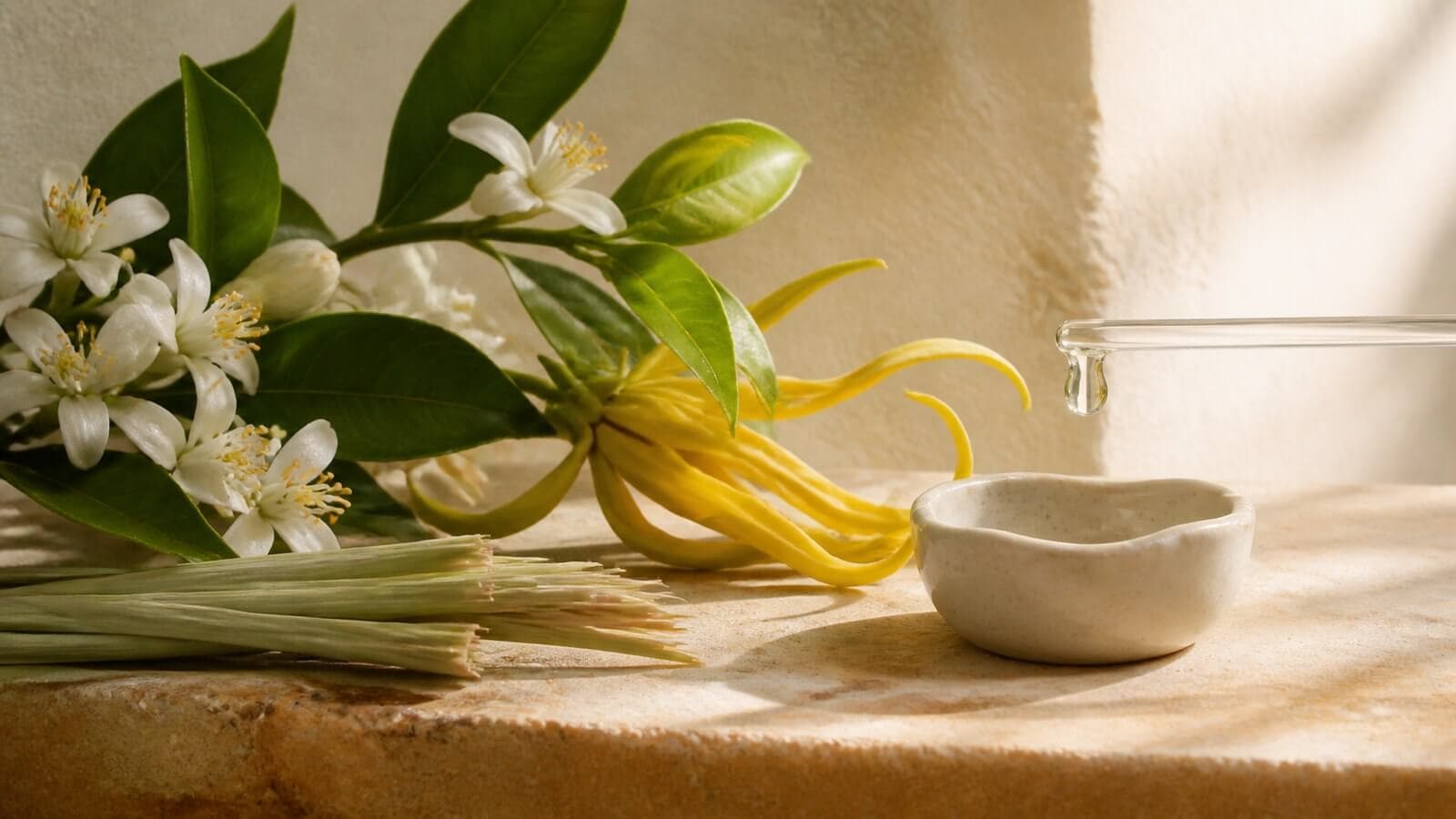 farnesol-apelsinblom-ylang-ylang Apelsinblom, ylang-ylang, gräsfibrer och en viskös klar droppe över keramik.