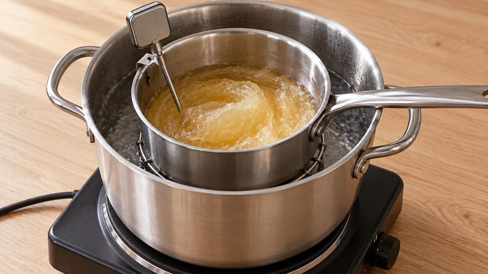 flytande tval varmprocess vattenbad En mindre kastrull med tvålpasta står i ett vattenbad på en kokplatta, med termometerns givare i tvålmassan.