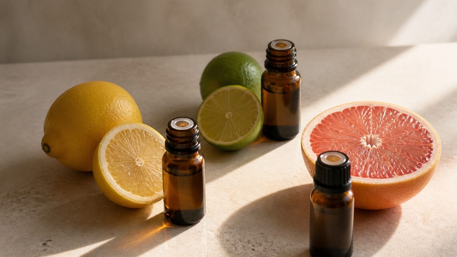 Fototoxiska eteriska oljor Eteriska citrusoljor med citron, lime och grapefrukt i solljus
