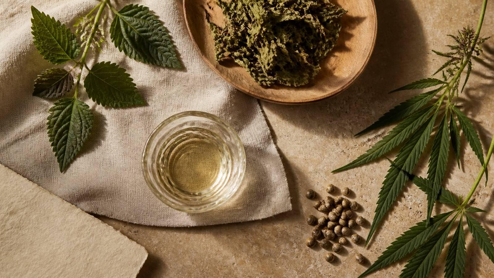 fytol-patchouliolja-cannabisolja Patchouliblad och hampablad med frön bredvid botanisk olja som källor till fytol