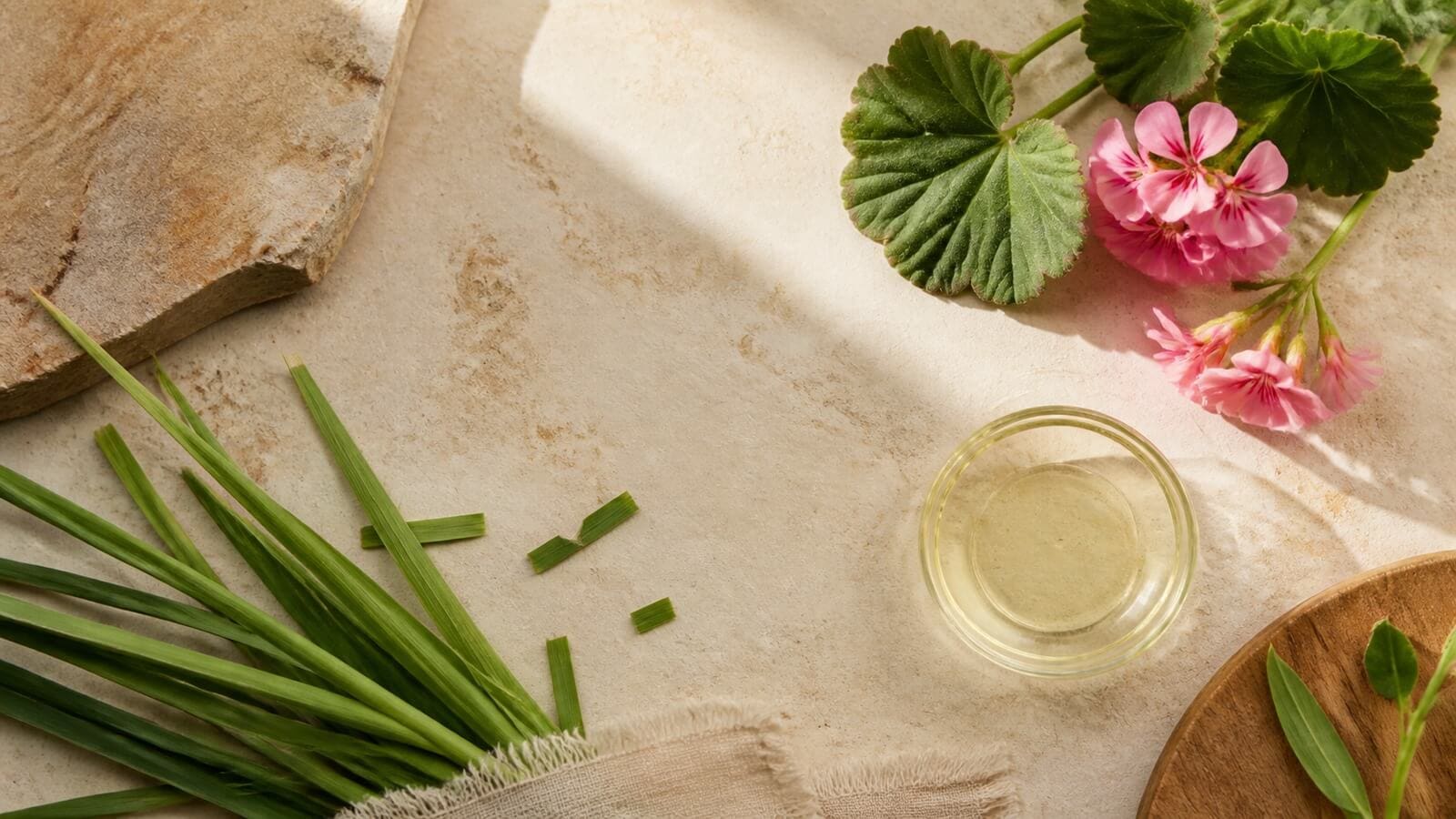geranylacetat-geraniumolja-citronellaolja Geraniumblad och citronellagräs bredvid eterisk olja som källor till geranylacetat