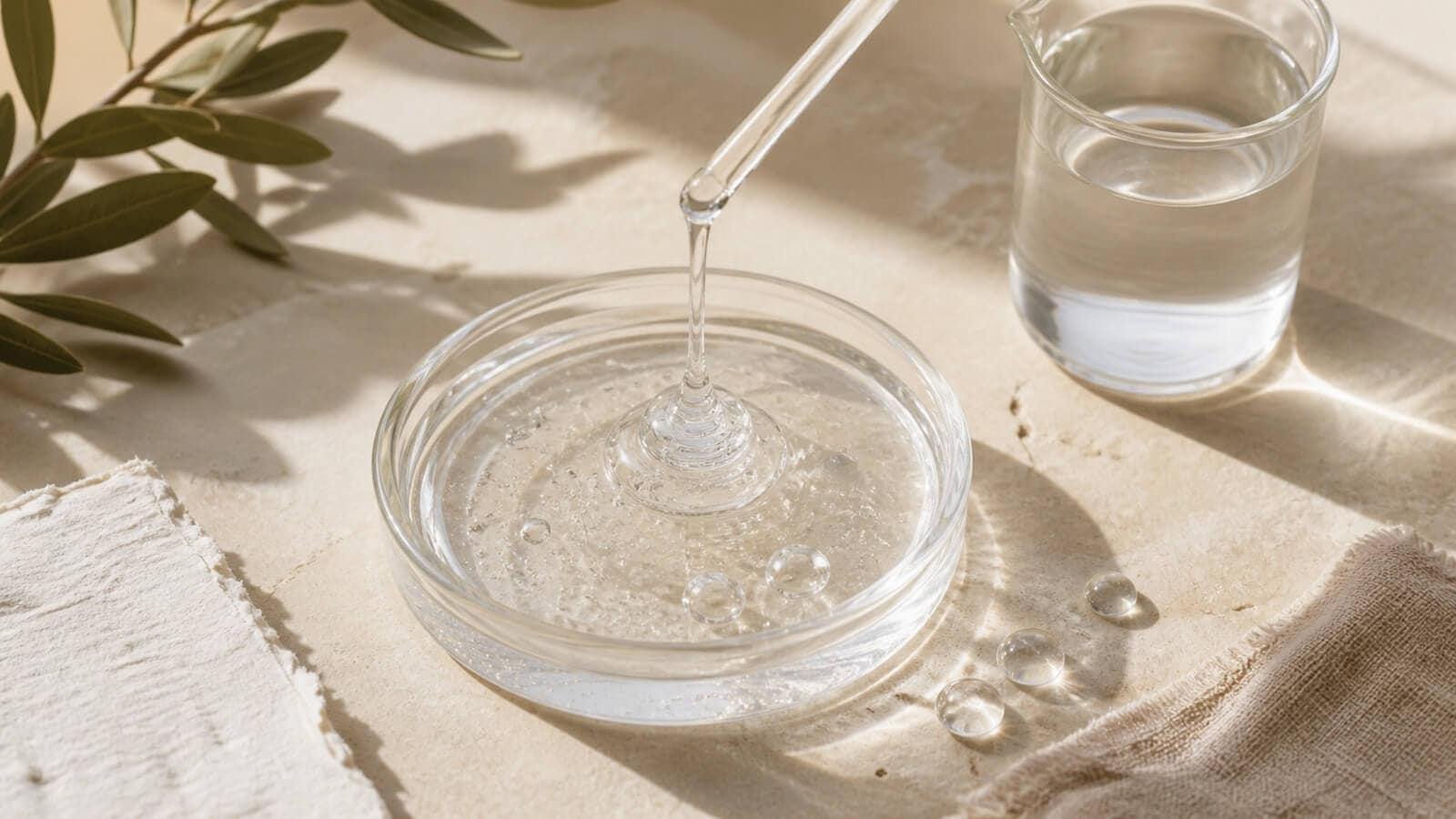 glycerin-fuktbindare-hudvard Klar trögflytande glycerin med vatten och olivkvist på varm sten