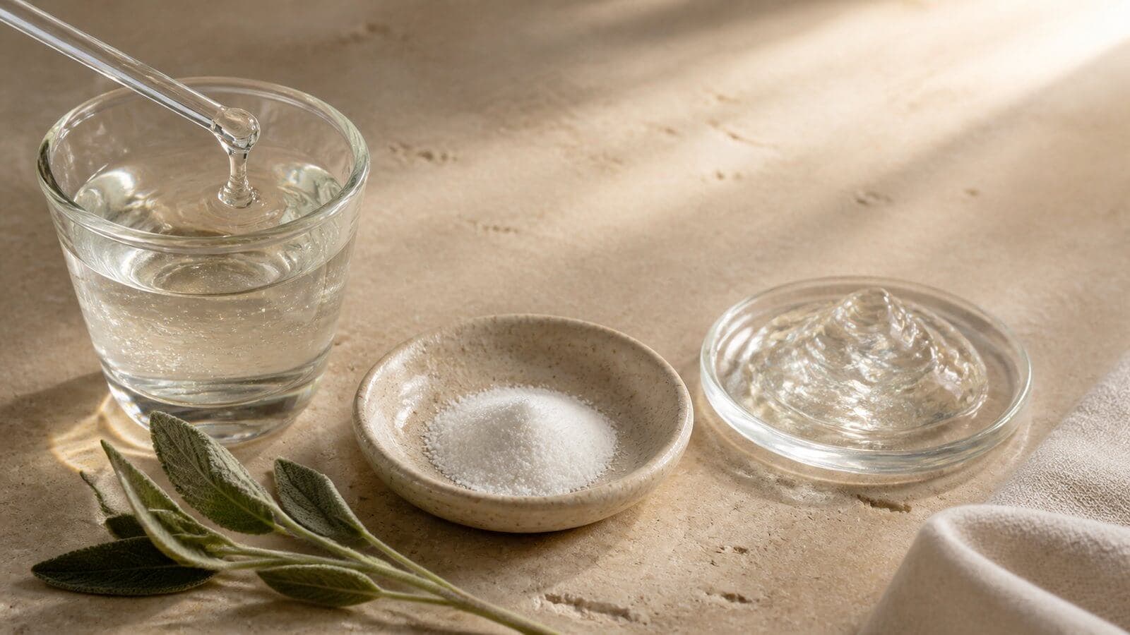 Trögflytande glycerin och hyaluronsyra i pulver- och gelform på varm sten