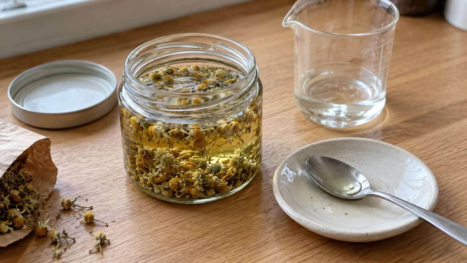 Glyceriter – välj växter och gör egna örtutdrag till hudvård En liten sats kamomillutdrag på arbetsbänken med blandningskärl, sked och öppnad örtpåse