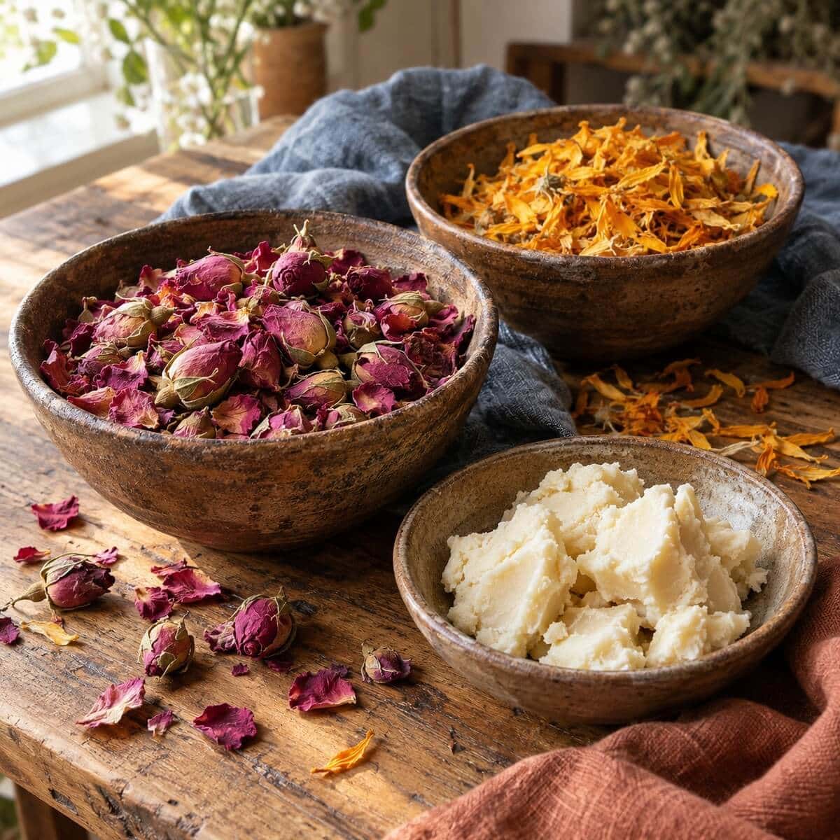 Om Greenbalance Skålar med torkade rosenknoppar, ringblomma och sheasmör på ett träbord med blått och terrakottafärgat linne