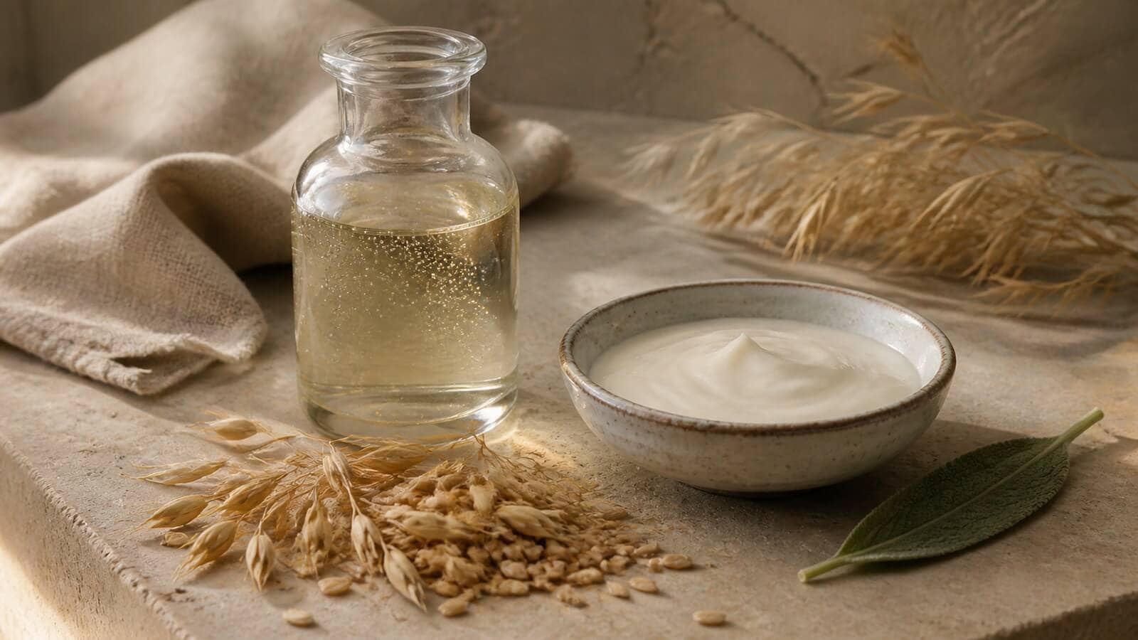 hudens-mikrobiom-botaniska-ravaror Havre, fermenterad vätska och mild kräm som illustrerar hudens mikrobiom